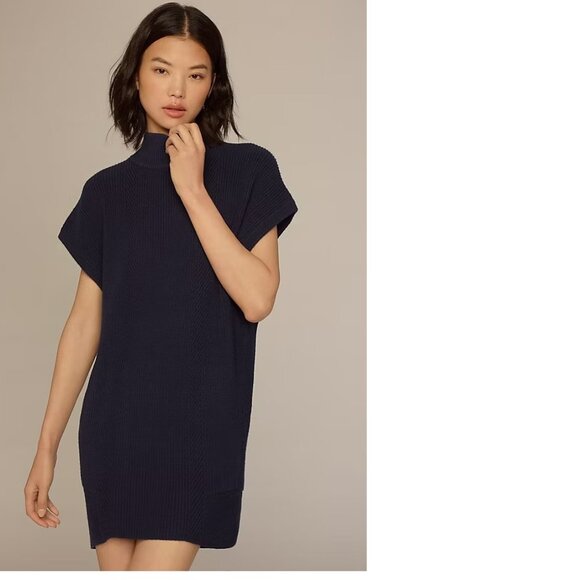 By Anthropologie Short-Sleeve Mock-Neck Sweater Mini Dress XL BLUE new with taG - Picture 1 of 6